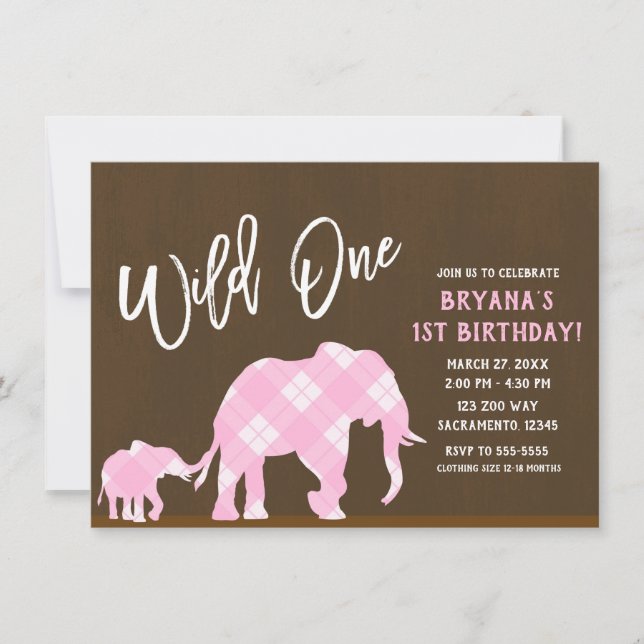 Pink Elephants Brown Modern WILD ONE 1ST Birthday Invitation (Front)