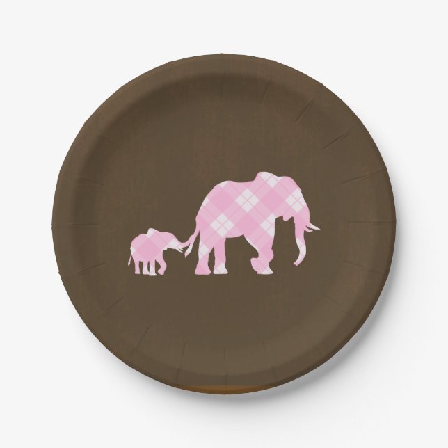 Pink Elephants Brown Trendy Modern Baby Shower Paper Plate (Front)