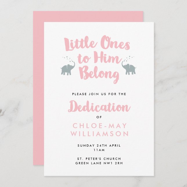 Pink Elephants Christian Dedication Invitation (Front/Back)