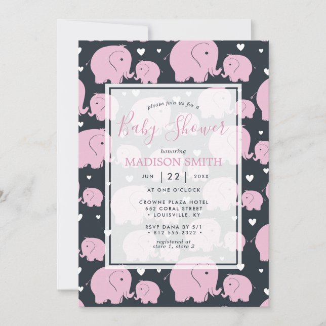 Pink Elephants Cute Baby Girl Shower Invitation (Front)