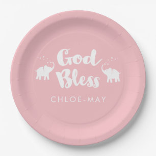 Pink Elephants God Bless Baptism/Dedication Paper Plate
