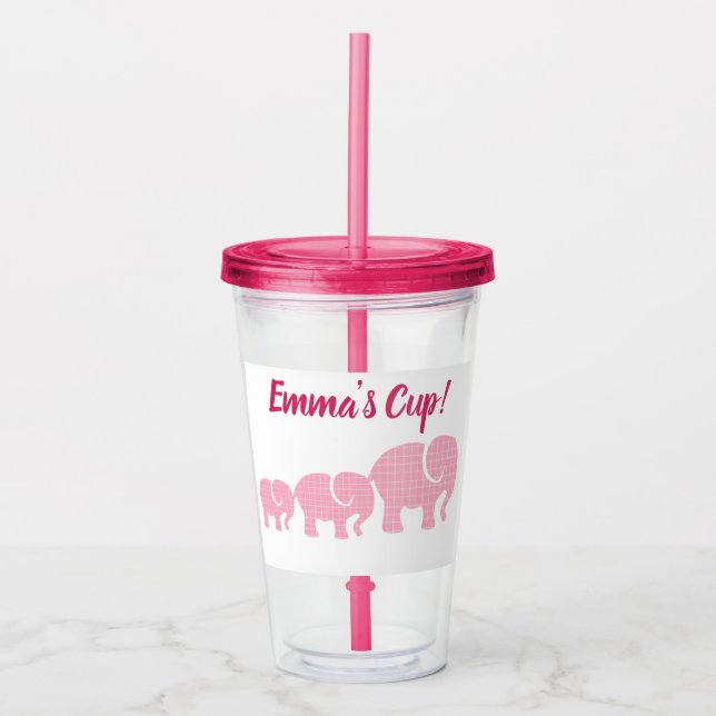 Pink Elephants with Customised Name Acrylic Tumbler (Front)