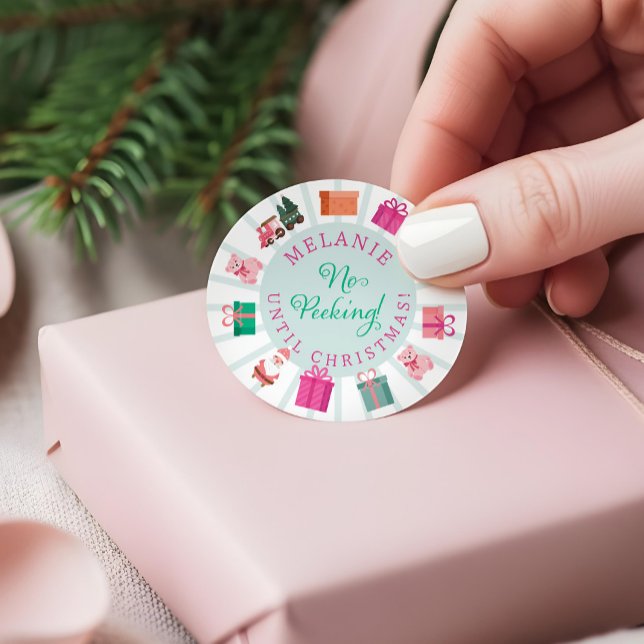 Pink Elf Toy Factory No Peeking Until Christmas Classic Round Sticker (Pink Elf Toy Factory No Peeking Until Christmas Classic Round Sticker)