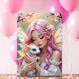 Pink Elven Fairy & White Dragon   Happy Birthday Card
