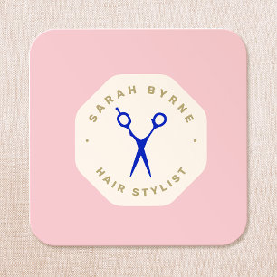 Pink Emblem Hair Stylist Scissors Square Business Card