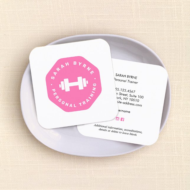Pink Emblem Personal Trainer Training  Business Ca Square Business Card (Creator Uploaded)