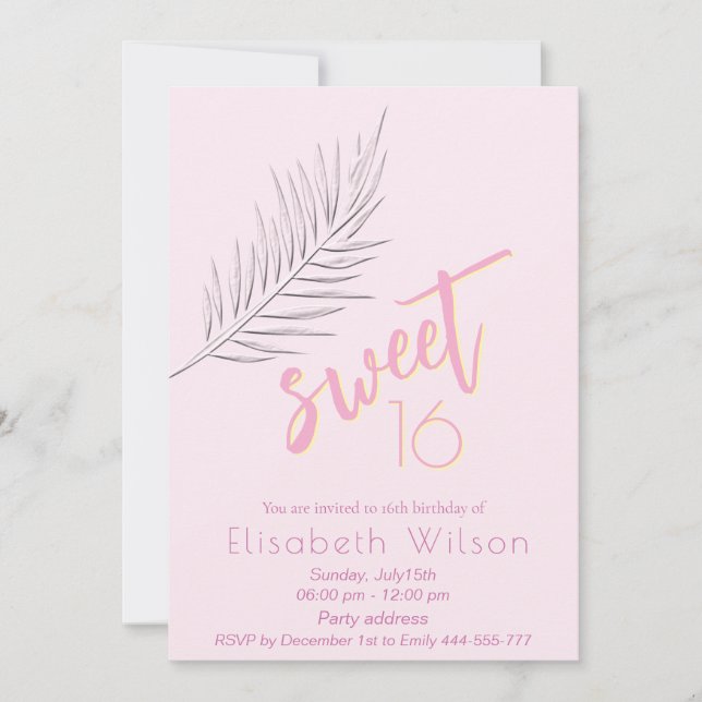 Pink Embossed palm minimalist  script sweet 16 Invitation (Front)