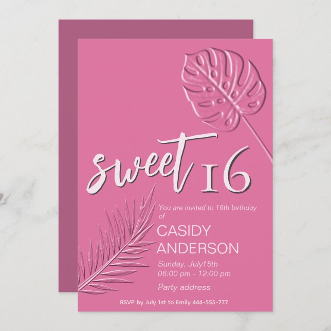 Pink Embossed tropical leaves summer sweet 16 Invitation (Front/Back)
