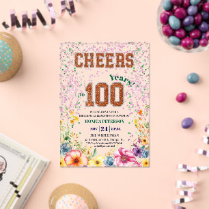 Pink Emerald Glitter Floral 100th Birthday Party Acrylic Invitations