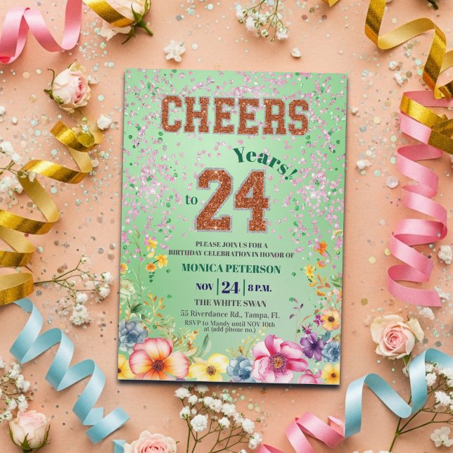 Pink Emerald Glitter Floral 24th Birthday Party Invitation (Creator Uploaded)