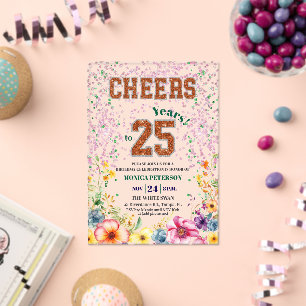 Pink Emerald Glitter Floral 25th Birthday Party Acrylic Invitations