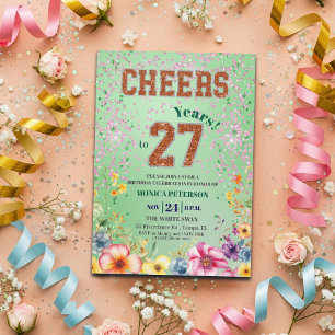 Pink Emerald Glitter Floral 27th Birthday Party Invitation