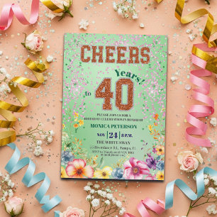 Pink Emerald Glitter Floral 40th Birthday Party Invitation