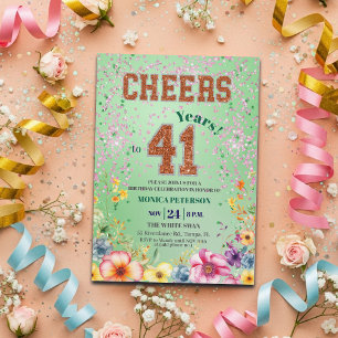 Pink Emerald Glitter Floral 41st Birthday Party Invitation
