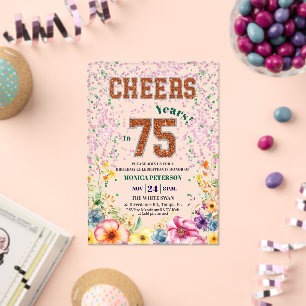 Pink Emerald Glitter Floral 75th Birthday Party Acrylic Invitations