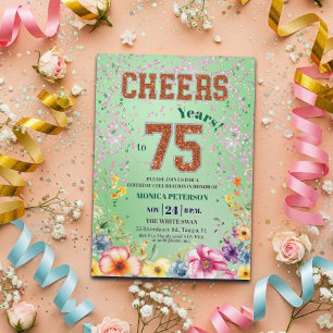 Pink Emerald Glitter Floral 75th Birthday Party Invitation