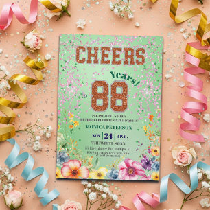 Pink Emerald Glitter Floral 88th Birthday Party Invitation