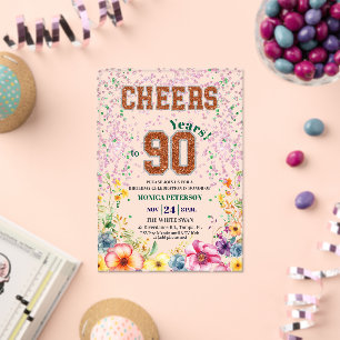 Pink Emerald Glitter Floral 90th Birthday Party Acrylic Invitations