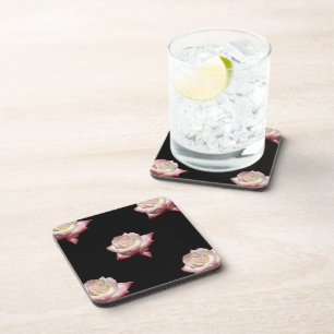 Pink Enameled Roses on Black Coaster