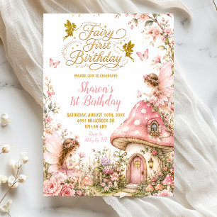 Pink Enchanted Forest Fairy First Birthday Invitation