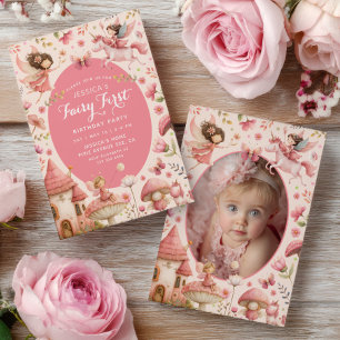 Pink Enchanted Forest Fairy First Birthday Photo Invitation