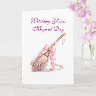 Pink Enchanted Witch Broom Greeting Card