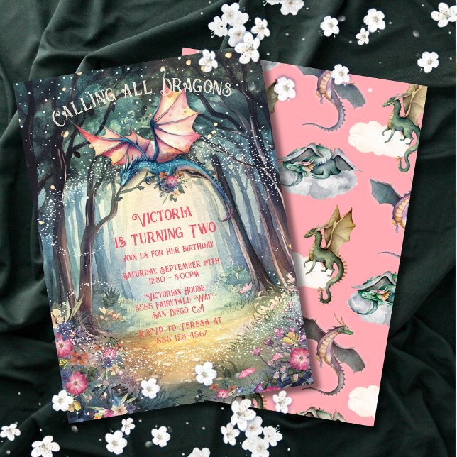 Pink Enchanted Woodland Forest Dragon Birthday Invitation (Creator Uploaded)