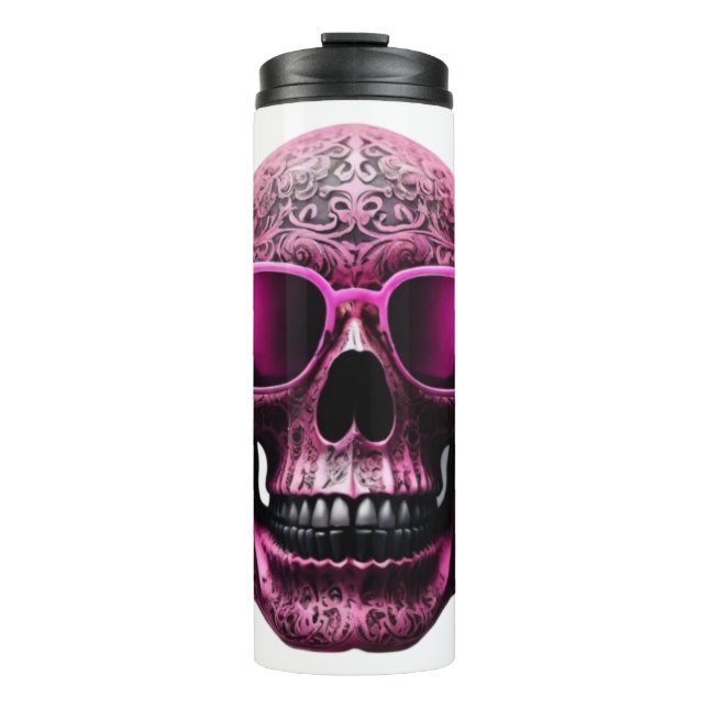 Pink engraved metallic 3D skull wearing sunglasses Thermal Tumbler (Front)