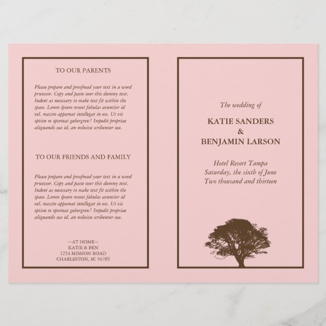 Pink eternal oak tree brown simple wedding program (Front)