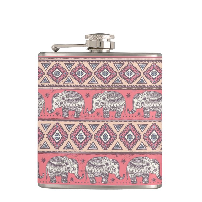 Pink Ethnic Elephant Pattern Hip Flask (Front)