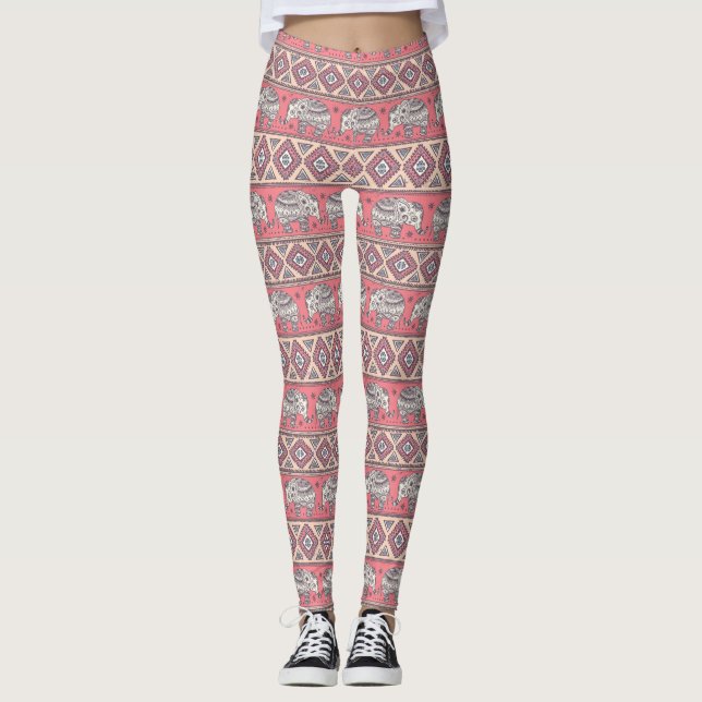 Pink Ethnic Elephant Pattern Leggings (Front)