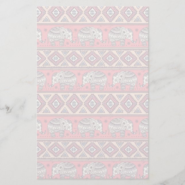 Pink Ethnic Elephant Pattern Stationery (Front)