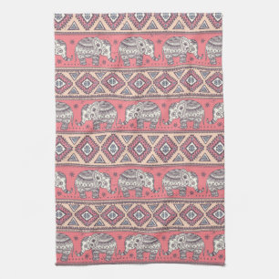Pink Ethnic Elephant Pattern Tea Towel