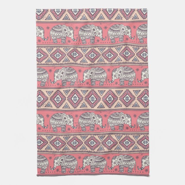 Pink Ethnic Elephant Pattern Tea Towel (Vertical)