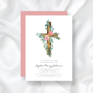 Pink Eucalyptus Cross Religious Christening Invitation