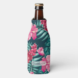 Pink Exotic Flowers Monogram design Bottle Cooler