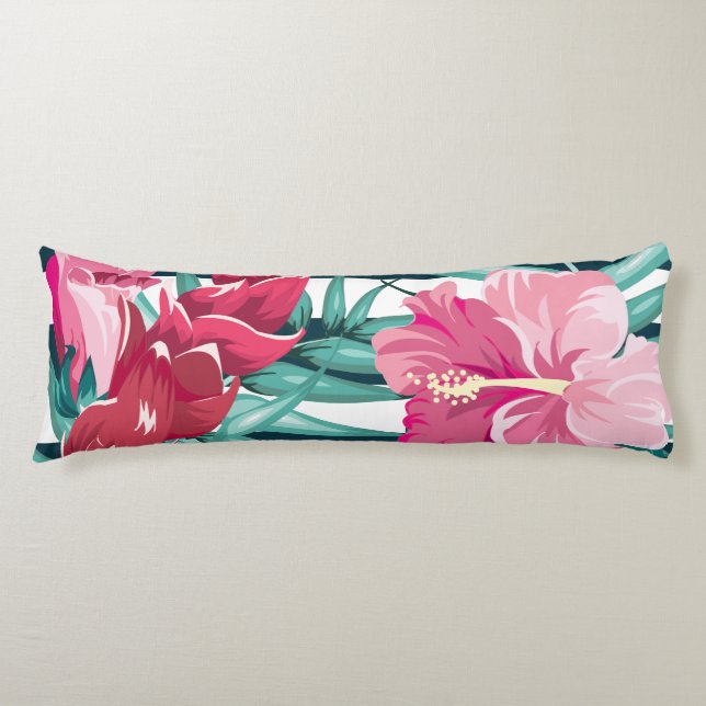 Pink Exotic Flowers striped Body Cushion (Front)
