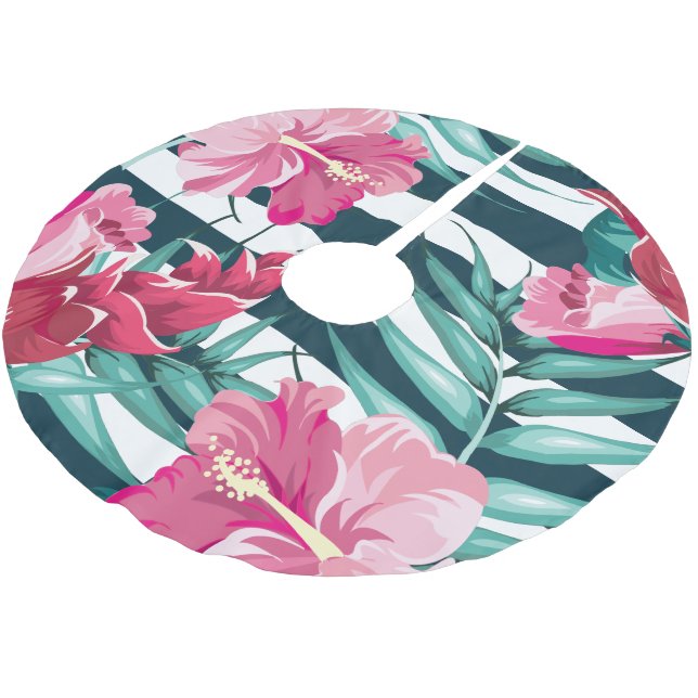 Pink Exotic Flowers striped Brushed Polyester Tree Skirt (Angled)