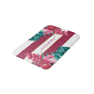 Pink Exotic Flowers striped Burgundy Bath Mat