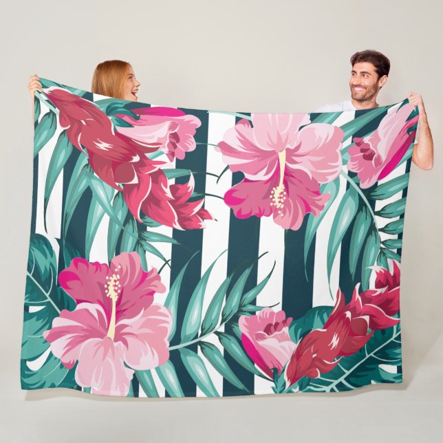 Pink Exotic Flowers striped Fleece Blanket (In Situ)