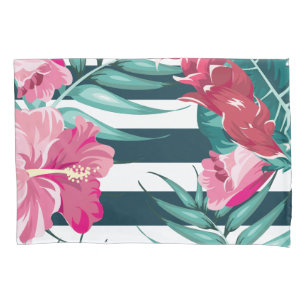 Pink Exotic Flowers striped Pillowcase