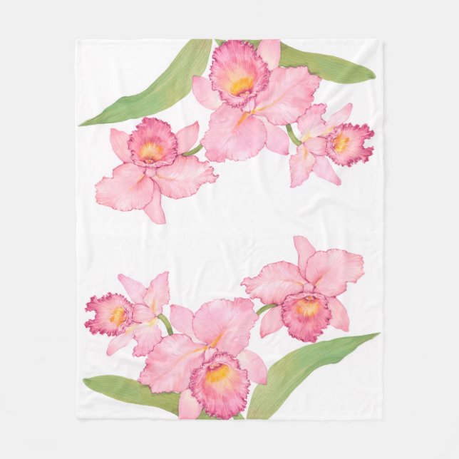 Pink Exotic Watercolor Flowers Fleece Blanket (Front)