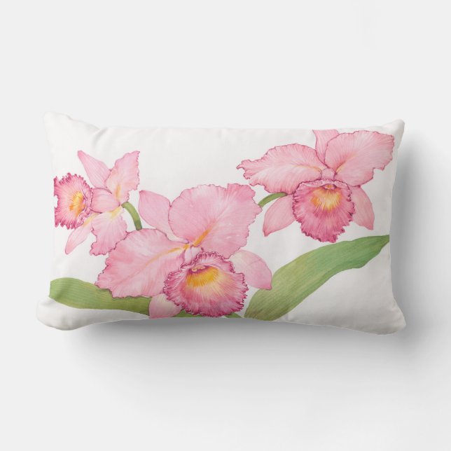 Pink Exotic Watercolor Flowers Lumbar Cushion (Front)