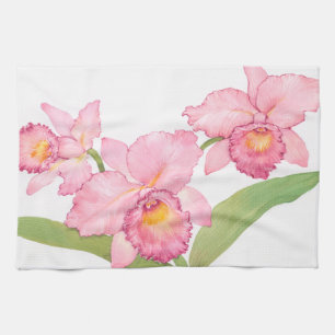 Pink Exotic Watercolor Flowers Tea Towel