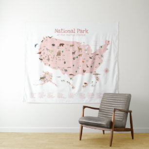 Pink Exploring National Park Map Woodland Nursery  Tapestry