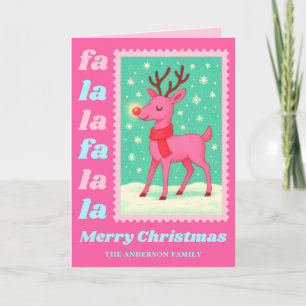 Pink Fa La La Reindeer Christmas Postage Stamp Holiday Card