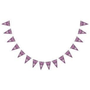 Pink fabric featuring intricate purple and white f bunting 