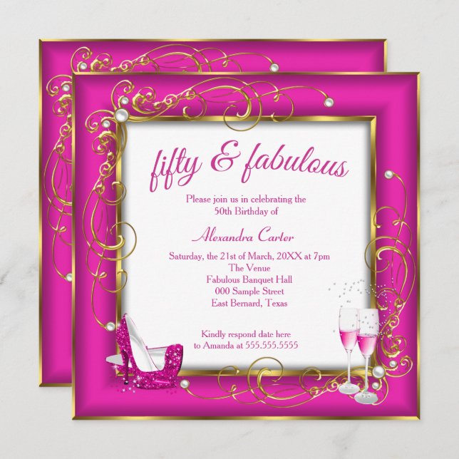 Pink Fabulous 50 Photo Gold Champagne heels Party Invitation (Front/Back)