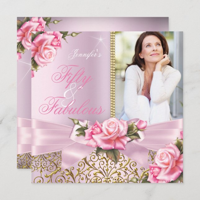 Pink Fabulous 50 Rose Bow Photo Birthday Party Invitation (Front/Back)