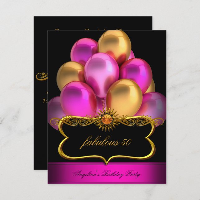 Pink Fabulous Black Gold Balloons Birthday Party Invitation (Front/Back)